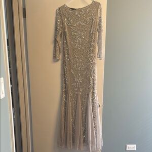 Long Sleeve Illusion Beaded Fit And Flare Gown